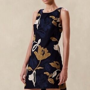Banana Republic Embroidered Poplin Blue and Tan Floral Sleeveless Mini Dress